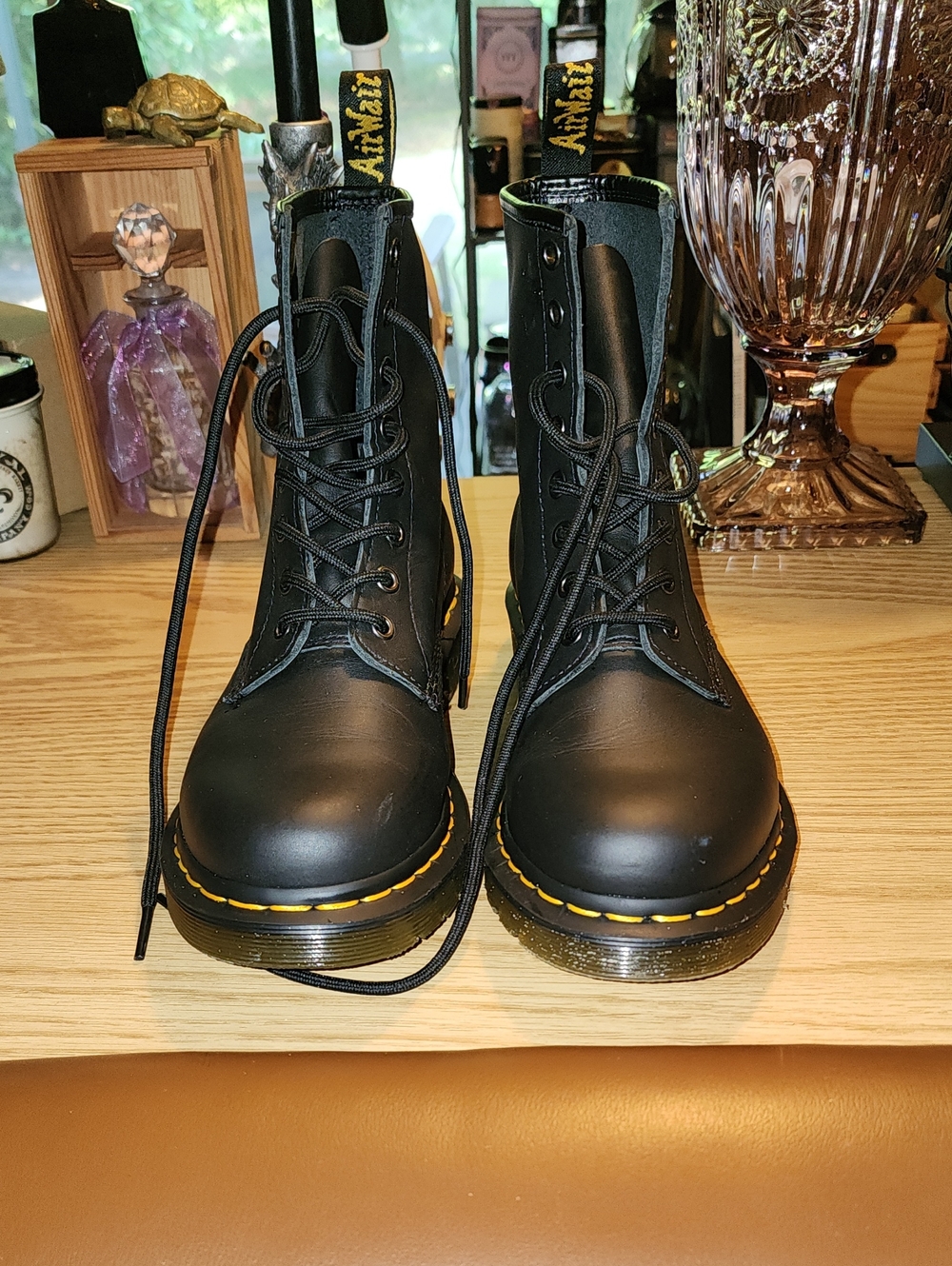 Dr. Martens Black Leather Lace-Up Boots with Yellow Stitching